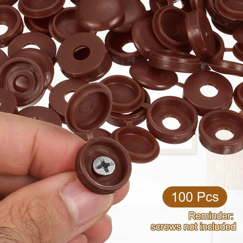 Close-up of dark brown Hinged Screw Cover Caps 5.9mm Inner Diameter 0.23 Inch Durable Waterproof Plastic Covers Pack of 100.