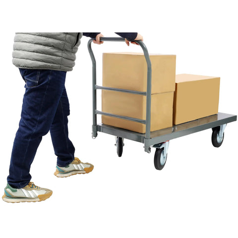Heavy Duty Platform Truck Workhorse Dolly Cart With Wheels 24x48 Inch Flatbed Hand Truck Steel Deck 2000 Lb Capacity For Moving In Warehouse Garage Or Home Use, loaded with boxes