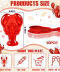 Crawfish Paper Plates 50 Pack, 10x12 Disposable Lobster Boil Trays with size details and cartoon lobster graphics