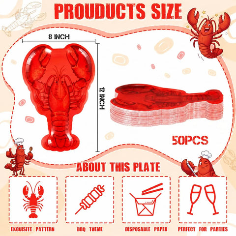 Crawfish Paper Plates 50 Pack, 10x12 Disposable Lobster Boil Trays with size details and cartoon lobster graphics
