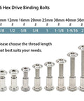 M6 Hex Drive Binding Bolts with various lengths shown, part of Heavy Duty M6x10mm Hex Socket Cap Bolts And Zinc Plated Barrel Nuts 10Pack Kit.
