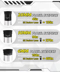 Image of 20mm, 10mm, and 6mm Plossl eyepieces with magnification and barlow lens details for 90mm refractor telescope with 900mm focal length AZ mount easy setup precision adjustment 45 to 450x magnification wireless remote and phone adapter beginner friendly for space nerds white.