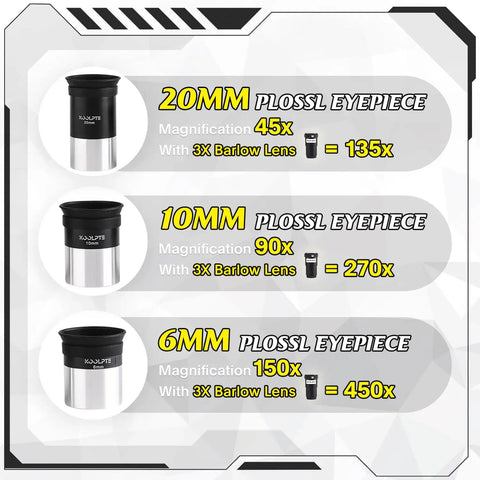 Image of 20mm, 10mm, and 6mm Plossl eyepieces with magnification and barlow lens details for 90mm refractor telescope with 900mm focal length AZ mount easy setup precision adjustment 45 to 450x magnification wireless remote and phone adapter beginner friendly for space nerds white.