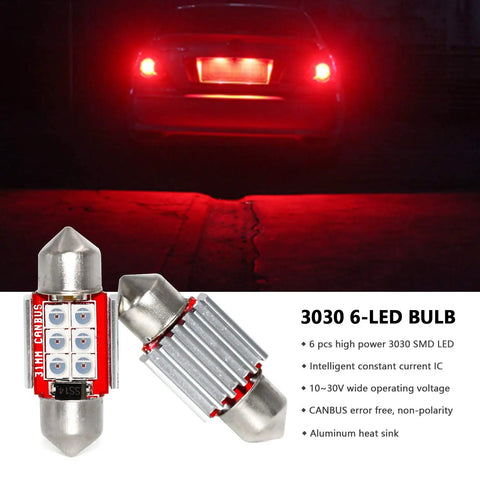 Super Bright Red DE3021 31mm Festoon LED Bulbs 6 SMD 3030, 500 Lm Each, Pack of 4, rear car installation view
