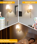 Peel And Stick Wall Sconces Set Of 2 With Rechargeable Battery Wire Free No Drill Adhesive Wall Lamp Gold White showing touch and remote control features.