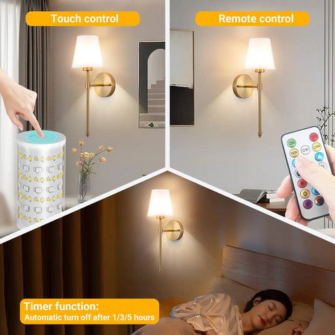Peel And Stick Wall Sconces Set Of 2 With Rechargeable Battery Wire Free No Drill Adhesive Wall Lamp Gold White showing touch and remote control features.