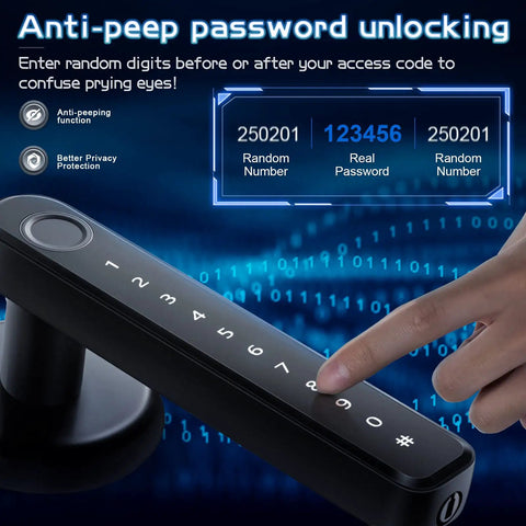 Secure anti-peep function of 4 In 1 Fingerprint Door Lock With App Control, Password Access, Backup Key, And Keyless Entry, Silver