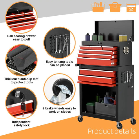 Beefy 8 Drawer Rolling Tool Chest With Lockable Cabinets And Wheels Heavy Duty Removable Toolbox Storage, tools inside view