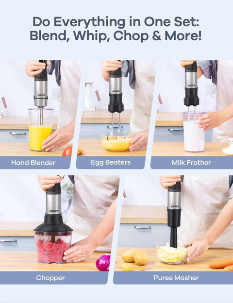 Badass 1200W Immersion Blender With Pure Copper Motor And Six Blade Handheld Mixer Featuring Variable Speed That Tears Up Ice And Fruits For Silky Soups And Shakes in action blending, whipping, and chopping.