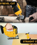Heavy Duty Cordless Electric Jigsaw Cuts Wood And Steel Like Butter With Zero Stress Easy Peasy Controls, shown cutting bevel and straight lines.