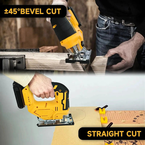 Heavy Duty Cordless Electric Jigsaw Cuts Wood And Steel Like Butter With Zero Stress Easy Peasy Controls, shown cutting bevel and straight lines.