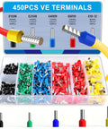 450Pcs Ferrule Connectors Kit With Tinned Copper Bootlace Ferrules For RV Automotive Audio And Solar Wiring, Heavy Gauge 16 To 8 AWG Assorted Terminals In Handy Storage Case, Pro Grade Wire Ferrules Set, color-coded ferrules in storage case