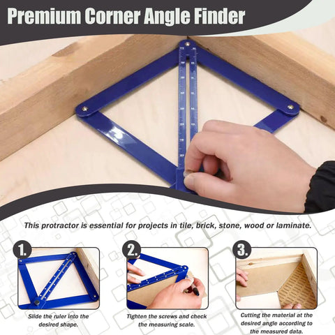 Dead On Corner Angle Finder Tool, Miter Saw Protractor With Bold Dual Scale Readouts, Digital Angle Gauge measuring a wood corner.