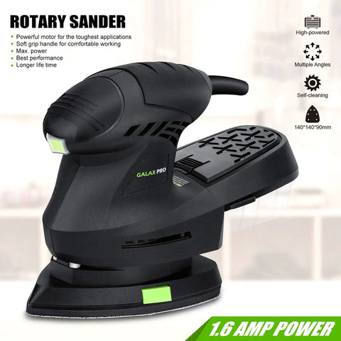 Pro Grade Electric Detail Sander With 12,000 OPM, 1.6 Amp Motor displayed with ergonomic handle and efficient dust collection features