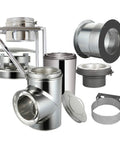 Six Inch Through The Wall Kit With Flat Top Chimney Cap For 304 Stainless Steel Class A Double Wall Insulated Pipe and brackets, various components.