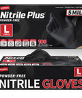 Tough As Nails Black Nitrile Disposable Gloves Hundred Count Five Mil Thick Powder Free Latex Free Safety Gear in large size.