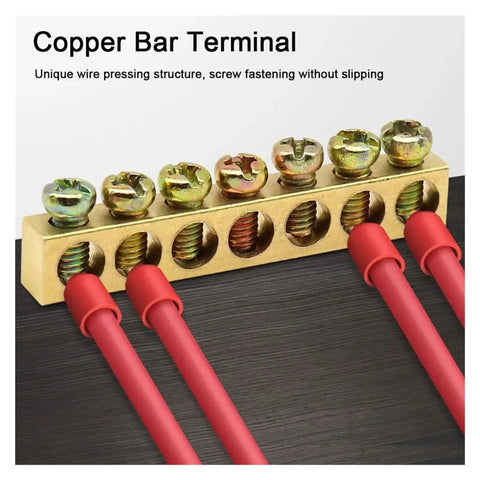 Top Shelf One Pack Golden Wire Screw Connector Terminal Block With Snug Six By Nine Crimp Holes For Heavy Duty Electrical Wiring And No Fuss Quick Connect Installations showing golden copper bar with red wire connectors.