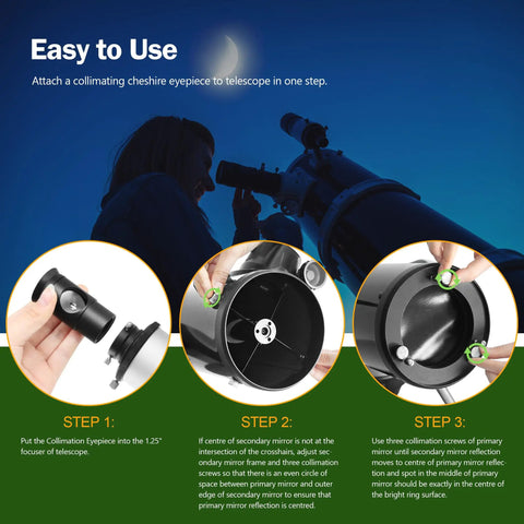 1.25 Inch Metal Collimating Cheshire Eyepiece For Newtonian Reflectors Without Laser in step-by-step alignment tutorial