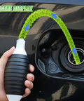 Heavy Duty Liquid Siphon Pump With Three Foot PVC Hose is shown transferring liquid into a fuel tank.