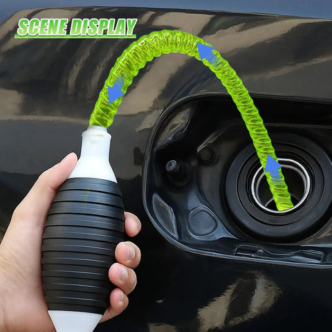 Heavy Duty Liquid Siphon Pump With Three Foot PVC Hose is shown transferring liquid into a fuel tank.