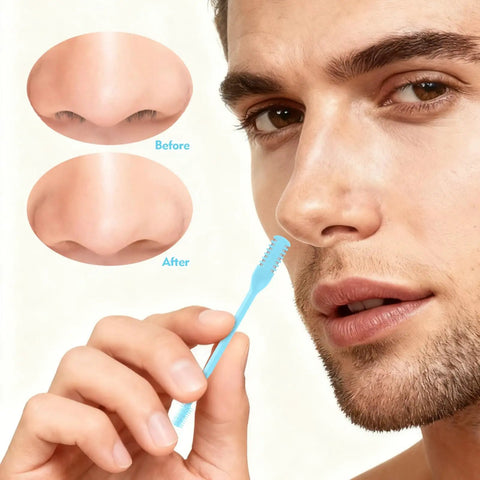 Man using Five Pack 2 In 1 Nasal Hair Cutter Double Sided Nose Hair Trimmer next to before and after nose images