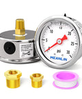 Stainless Steel Liquid Filled Pressure Gauge 0 To 30 Psi With 1/8 NPT Connection And 1.5 Inch Dial Back Mount For Water Oil And Air Systems Glycerin Filled For Vibration Damping Includes 1/4 NPT And 3/8 NPT Hex Bushings