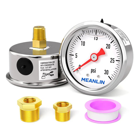 Stainless Steel Liquid Filled Pressure Gauge 0 To 30 Psi With 1/8 NPT Connection And 1.5 Inch Dial Back Mount For Water Oil And Air Systems Glycerin Filled For Vibration Damping Includes 1/4 NPT And 3/8 NPT Hex Bushings