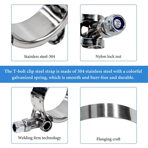 Four 3-inch stainless steel T-bolt hose clamps with nylon lock nuts; 83–91mm range.