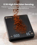 Palm Sized Coffee Scale With Timer with ground coffee, showing digital display for espresso and pour over brews.