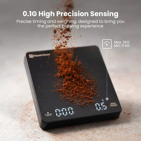 Palm Sized Coffee Scale With Timer with ground coffee, showing digital display for espresso and pour over brews.