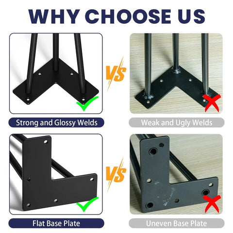 Heavy Duty 36 Inch Hairpin Table Legs Set Of Four Half Inch Steel Rods Black Powder Coat 800 Lb Load Capacity Mid Century Modern Style For Coffee Tables End Tables Night Stands highlighted with strong welds and flat base plate vs weak welds and uneven plate comparison