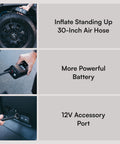 On The Go Portable Tire Inflator With Dual Power Source, Rechargeable Battery, LED Preset Gauge and Auto Shut Off in use on car tire