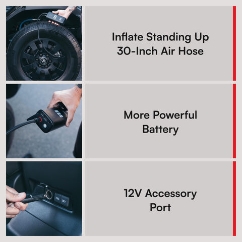 On The Go Portable Tire Inflator With Dual Power Source, Rechargeable Battery, LED Preset Gauge and Auto Shut Off in use on car tire