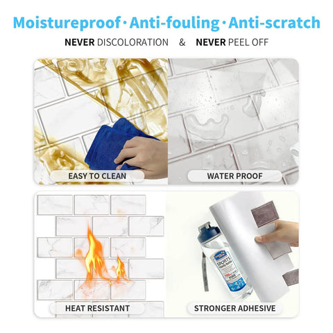 Peel And Stick Backsplash Tiles 12x12 White Marble Design For Kitchen And Bathroom 10 Sheets Self Adhesive showcasing cleaning, waterproof, heat resistance, adhesive strength.