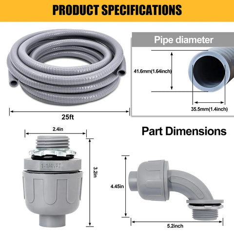 Product specifications for Liquid Tight PVC Conduit Kit, 1-1/4 Inch, 25 Foot Flexible Non Metallic Electrical Conduit and fittings