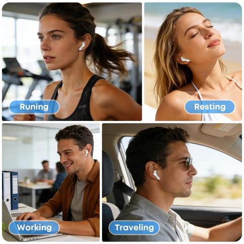Collage of people using Wireless Earbuds With Bluetooth 5.4 Dope HiFi Stereo And Noise Cancelling Microphone in various activities