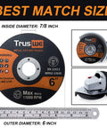 Six Inch Ultra Thin Cut Off Wheels For Angle Grinder 0.045 Inch Thick Seven Eighths Inch Arbor Fast Burr Free Metal And Stainless Steel Cutting Discs 25 Pack with packaging and grinder setup view.