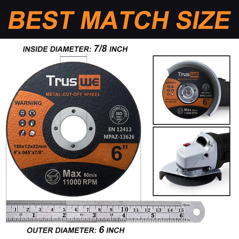 Six Inch Ultra Thin Cut Off Wheels For Angle Grinder 0.045 Inch Thick Seven Eighths Inch Arbor Fast Burr Free Metal And Stainless Steel Cutting Discs 25 Pack with packaging and grinder setup view.