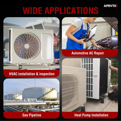 APRVTIC HVAC leak detector collage: automotive AC repair, HVAC installation, heat pump, gas pipeline.
