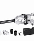 Heavy Duty One Inch Pneumatic Air Impact Wrench Packing Nineteen Hundred Foot Pounds Of Kick For Pro Garages And Tire Changes That Knocks Out Rusty Nuts Fast Without Breaking A Sweat With Steel Case, shown with accessories.