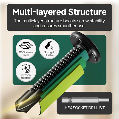 Close-up of 100 Pieces 10 X 1 Inch Hex Socket Self Tapping Screws With Drill Bit For Metal Plastic Or Wood Stainless Steel 410 Black Oxide