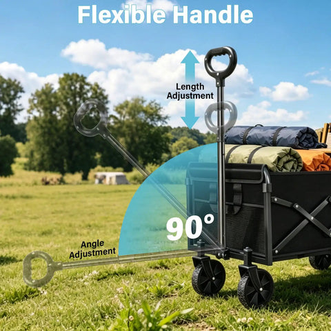 All Terrain Folding Wagon With Heavy Duty Frame And 360 Lbs Capacity Utility Cart for outdoor trips with adjustable handle.