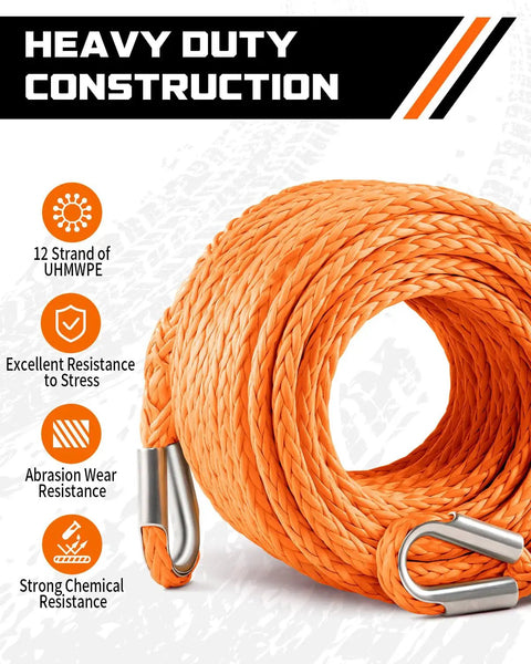 Heavy Duty Winch Rope Extension One Quarter Inch By Fifty Feet For Off Road Recovery 10,000 Lbs Capacity Bright Orange Color For Easy Visibility And Quick Anchor Reach Ideal For Jeep And ATV Recoveries, 12-strand UHMWPE