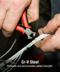 Close-up of 10 Piece Precision Pliers Set With Non Slip Comfort Grip Handles cutting wires, showcasing Cr-V steel and comfort design.