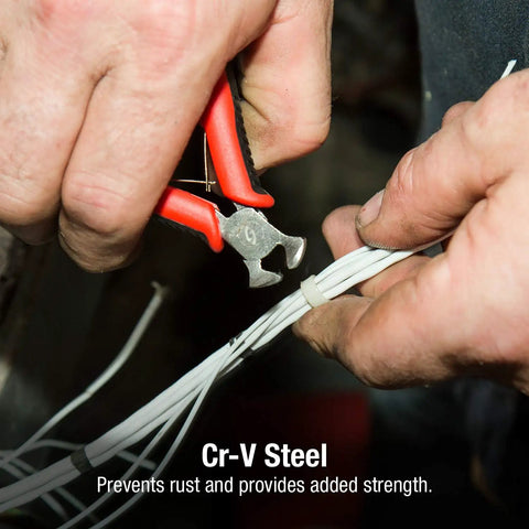 Close-up of 10 Piece Precision Pliers Set With Non Slip Comfort Grip Handles cutting wires, showcasing Cr-V steel and comfort design.