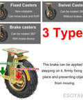 Image showing types of Badass Heavy Duty 10 Inch Pneumatic Rubber Caster Wheels With Double Ball Bearings: fixed, swivel, brake.