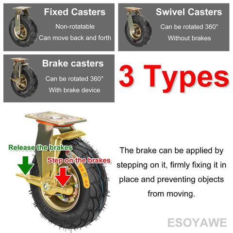 Image showing types of Badass Heavy Duty 10 Inch Pneumatic Rubber Caster Wheels With Double Ball Bearings: fixed, swivel, brake.