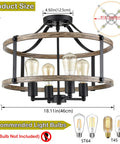 Farmhouse 4 Light Ceiling Fixture, 18-Inch Rustic Drum Cage Semi Flush Mount Light In Black And Wood Grain Finish, product size diagram