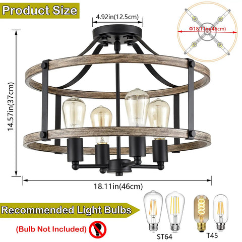 Farmhouse 4 Light Ceiling Fixture, 18-Inch Rustic Drum Cage Semi Flush Mount Light In Black And Wood Grain Finish, product size diagram