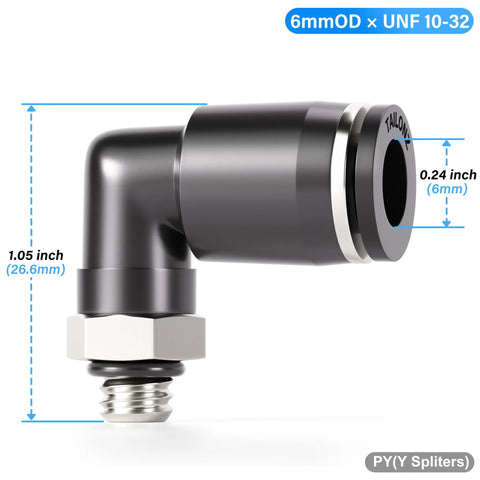 Push To Connect Male Elbow Fittings For 6mm Tube OD 10-32 UNF Thread 90 Degree Easy Install Pneumatic Couplings, side view